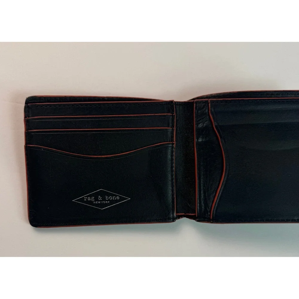 Rag & Bone Mens Black Leather Bifold Wallet with Red Contrast Edge